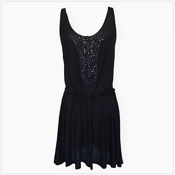 Free People Black Shine On Cinch Waist Scoop Neckline Sequin Beaded Dress S - Picture 1 of 5